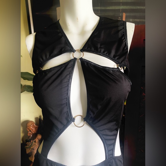 Sexy cut out mod goth industrial bodyCon black bathing body suit camp pinup - Picture 8 of 10